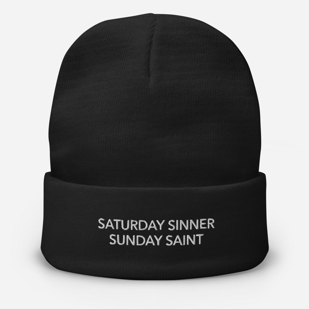 Saturday Sinner Sunday Saint Embroidered Beanie